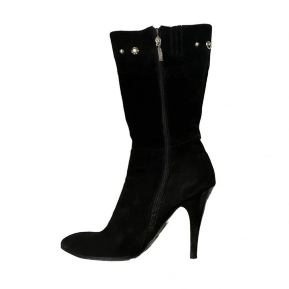 Guess Nerina 10M black suede silver studded 4.5" heeled boots w/ side zipper - Picture 3 of 10